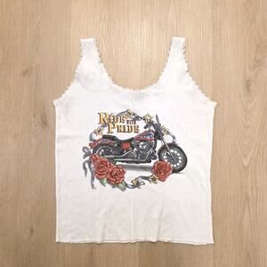 Vintage CMJ White Motorcycle Ride With Pride Y2K Lace Trim Tank‎ Size Medium